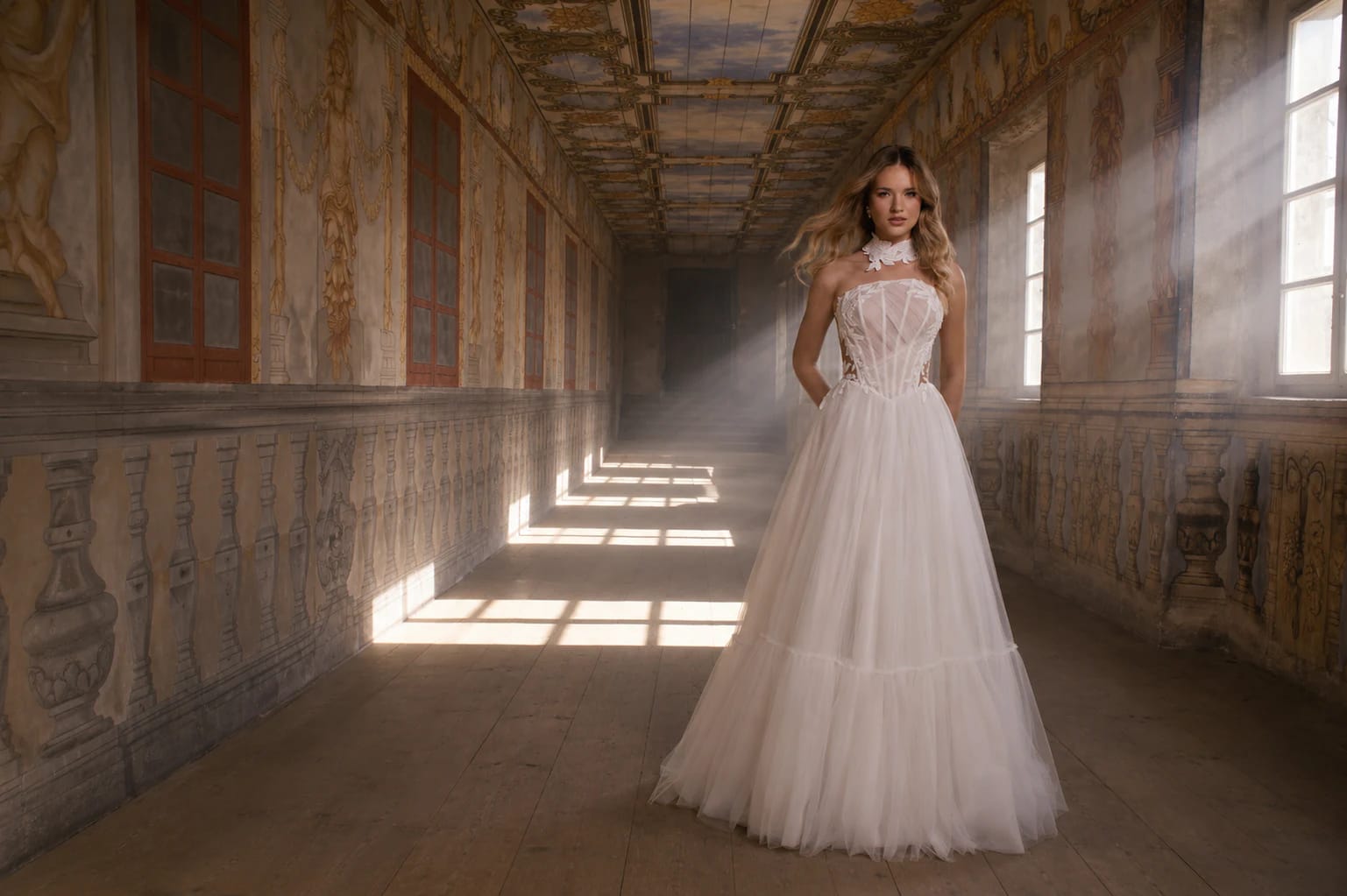 Novia con vestido de tul en un salón iluminado